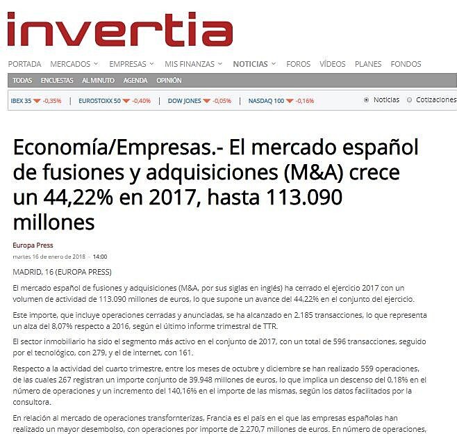 El mercado espaol de fusiones y adquisiciones (M&A) crece un 44,22% en 2017, hasta 113.090 millones